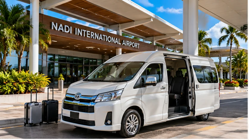 Private transfer vehicle waiting outside Nadi International Airport with luggage ready for a Fiji hotel transfer