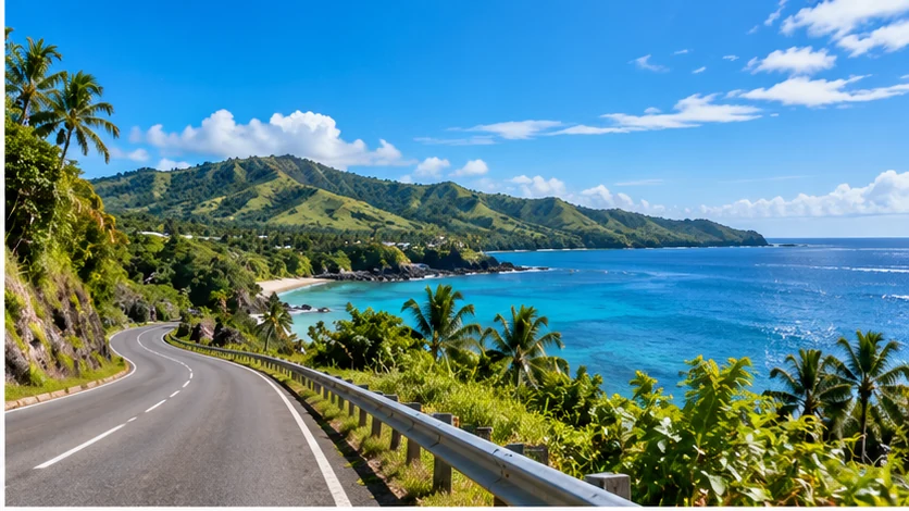 Scenic tropical coastal road beside blue Fiji waters
