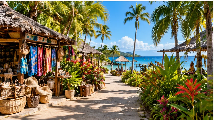 Tropical Fiji market setting with local crafts, palm trees and blue ocean