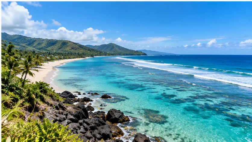 Wide Fiji coastline with reef, palm trees and green hills suitable for a private full-day tour from Nadi