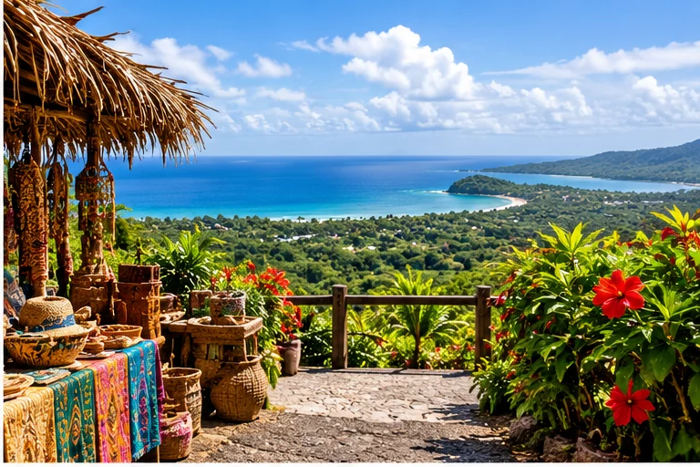 Panoramic tropical Fiji viewpoint with crafts, green landscape and deep blue ocean for 2027 and 2028 travel planning