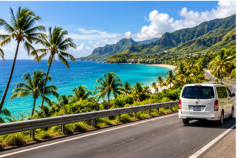 Private transfer vehicle travelling a palm-lined coastal road beside turquoise Fiji waters