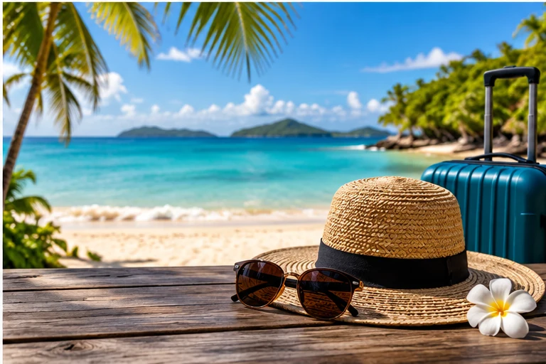 Travel luggage, sunglasses, hat and tropical flower beside a Fiji beach for future Fiji travel planning